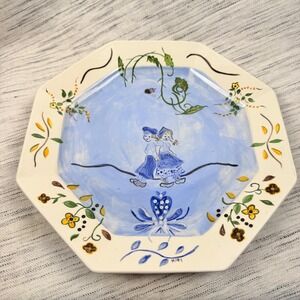 Vintage Hand Painted Octagonal Plate Quimper Style Signed Dutch‎ Figures Flowers